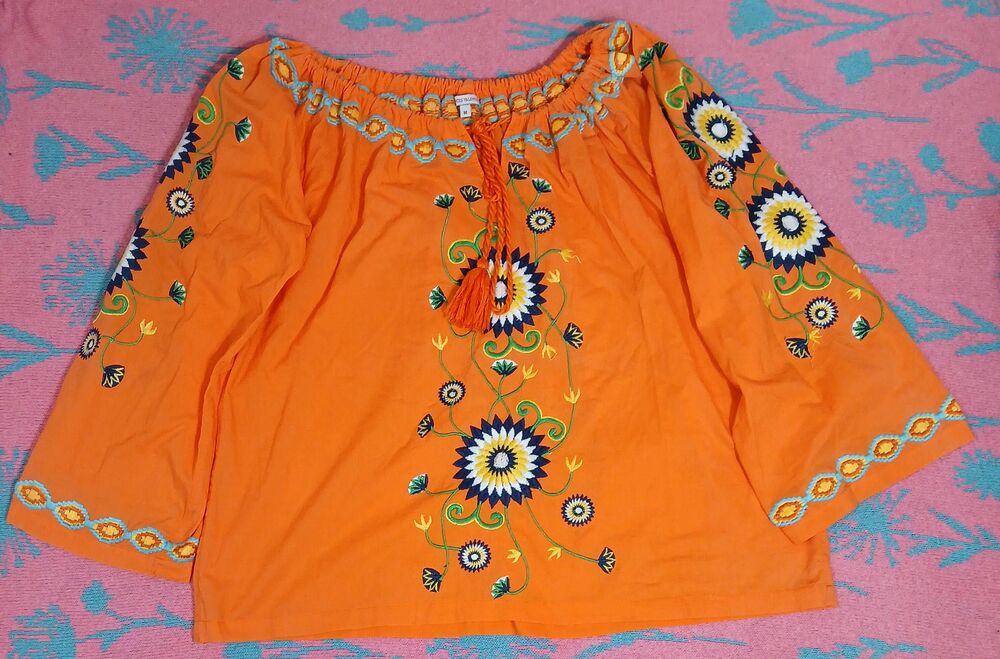 Frances valentine womens medium orange embroidery top boho peasant blouse